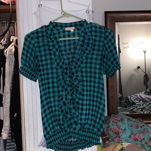 Pirate look top in gingham design, teal and black